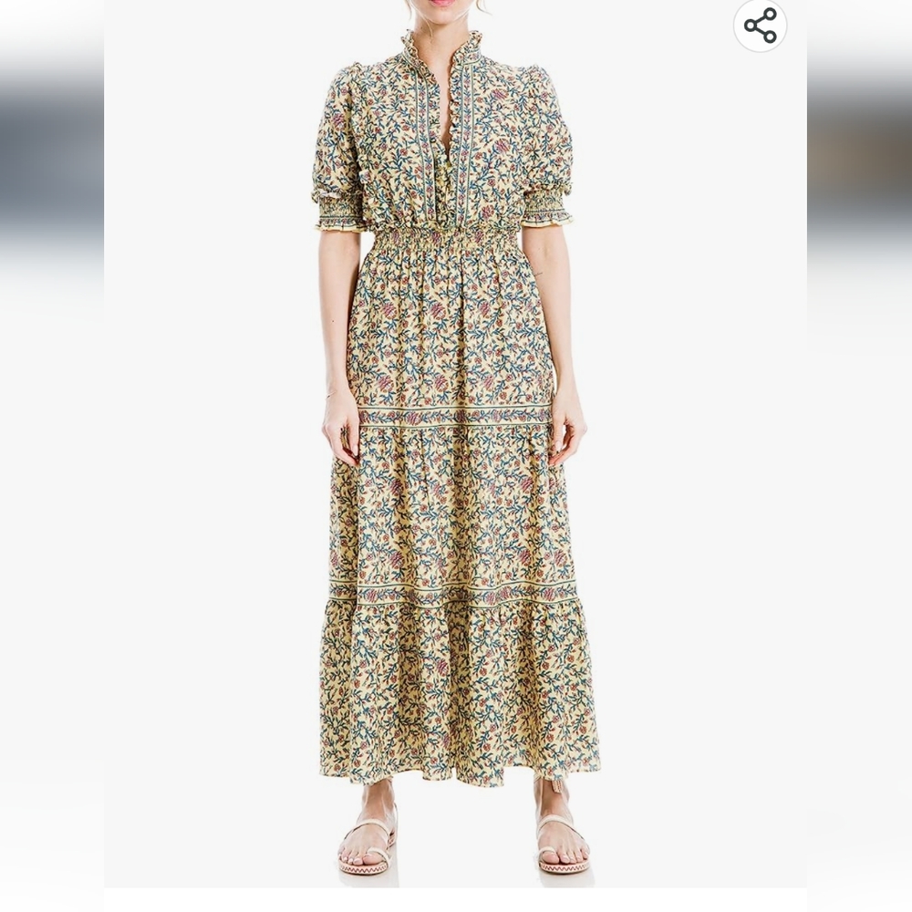 Max Studio Yellow Floral Smocked Tiered Midi/Maxi Dress Size Large